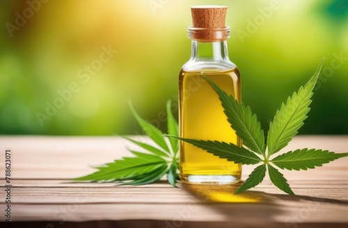 small transparent glass bottle of hemp oil on a wooden table, fresh green hemp leaf, eco-friendly medicinal solution, natural background, sunny day
