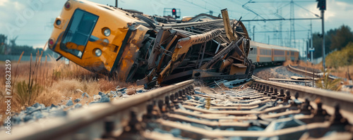 Train derailment on a railway track with twisted metal and overturned cars. photo