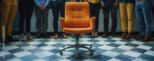 searching for team new members. empty chair positioned in the center complemented by company employees standing beside it.