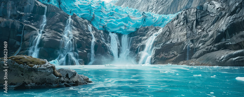Glacier melting due to climate change with icy blue waters cascading down a mountain slope. photo