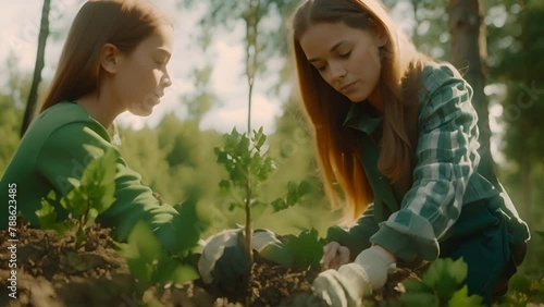 Caucasian mother and daughter planting trees in the forest.