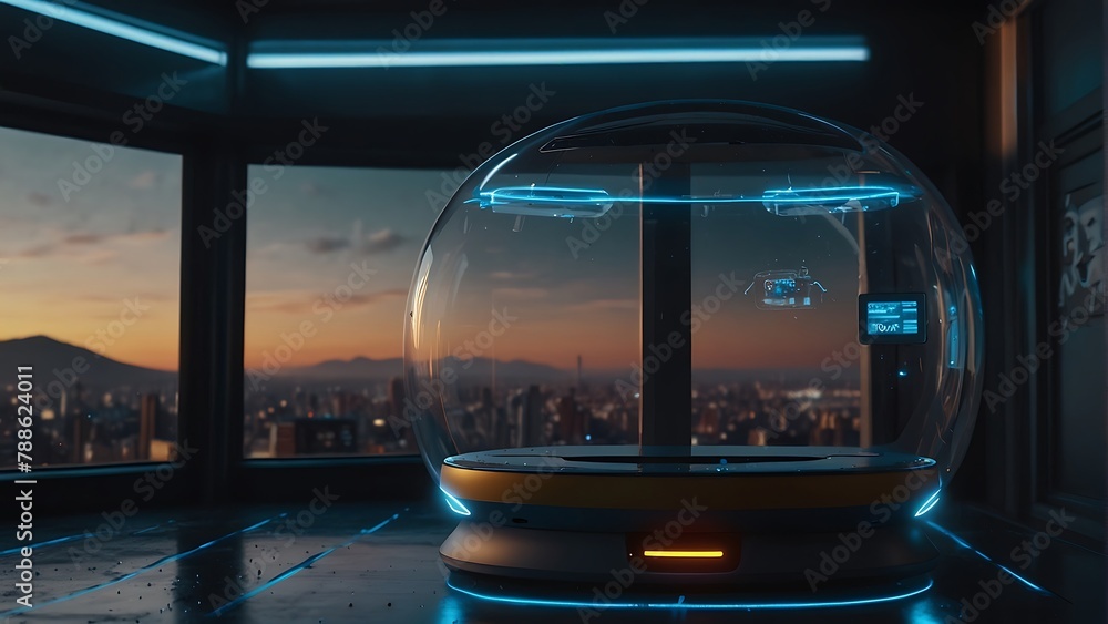 Clear glass filled with sits on a reflective surface against a dark city backdrop, concept future Clear glass filled with sits on a reflective surface against a dark city backdrop, concept future