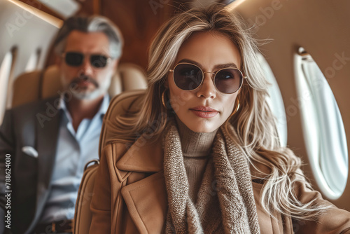  Elegant woman and man with sunglasses inside a private jet