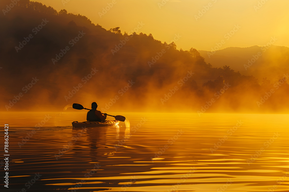 Silhouetted Kayaker Gliding Through Misty Waters at Dawn: An Adventure Amidst Scenic Splendor