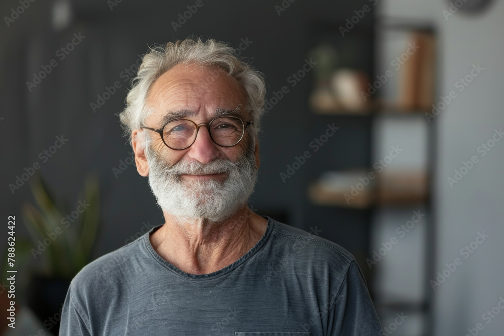 A man with glasses and a beard smiles for the camera A man with glasses and a beard smiles for the camera