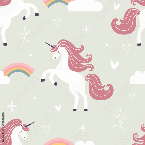 Seamless pattern with a cute unicorn on a colored background. Vector illustration for printing. Cute children's background. Birthday.