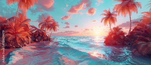 Bring to life the serene and captivating allure of a tropical getaway through a unique digital art concept Combine vibrant colors and intricate details of turquoise waves, island breeze, and abstract