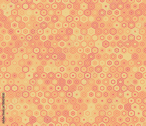 Hexagonal pattern background. Stacked hexagon bold mosaic cell. Hexagon geometric shapes. Multiple tones color palette. Seamless pattern. Tileable vector illustration.