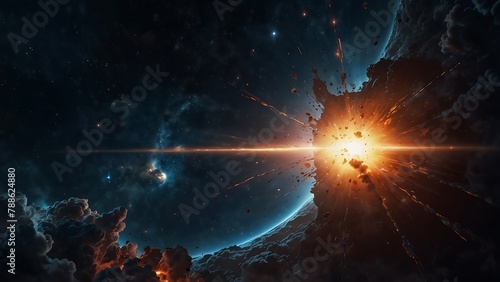 Huge explosion in space, the Big Bang, a sky filled with galaxies, stars and nebulae in the vastness of space.
