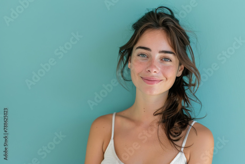 A woman in a white tank top smiles in front of a blue wall