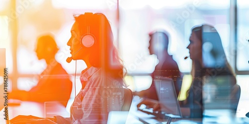 Female customer service representative with headset working at a busy, contemporary office environment.