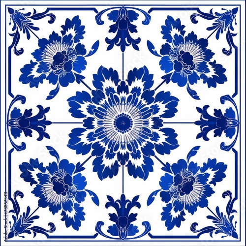 Blue and white tile with flower design