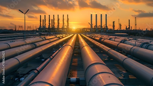 Industrial pipelines at sunset boasting a modern infrastructure. A display of energy and utility networks against a vibrant sky. Captured during golden hour, suitable for business use. AI