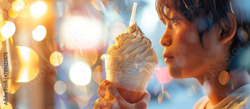 A person is admiring a whipped cream-topped beverage in a festive environment