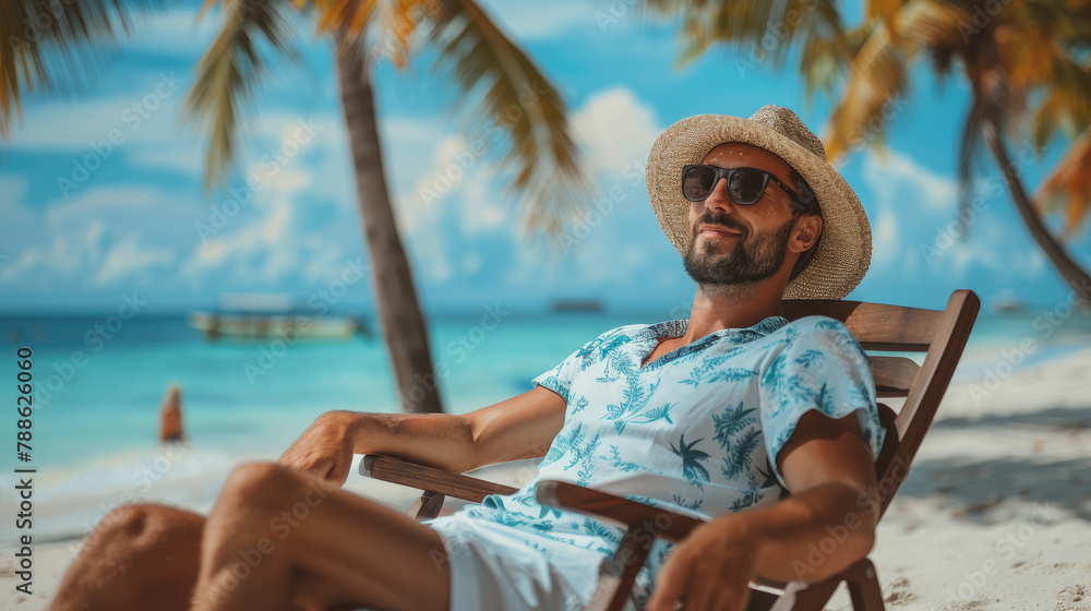 Summer vacation man beach wear, sitting relaxed in tourist chair enjoying trip holiday.