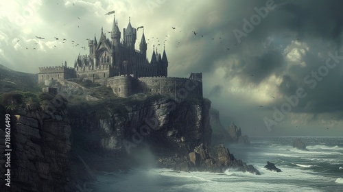 A historic medieval castle on a cliff  ocean waves crashing below  dramatic sky  knights and horses  period architecture. Resplendent.