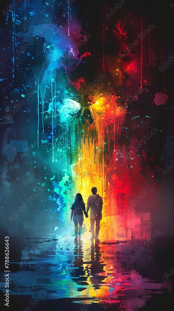 A couple's silhouette overlooks a fantasy cityscape, immersed in a vibrant, colorful abstract watercolor setting.