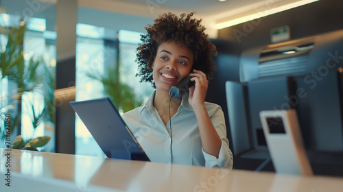 Secretaria falando no telefone e sorrindo no loby 