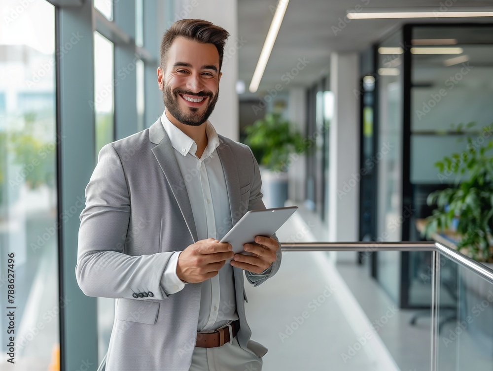Fototapeta premium smilling young caucasian business man executive holding tablet and reading news at the office
