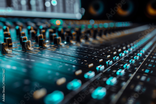 A large black and blue sound board with many knobs and buttons