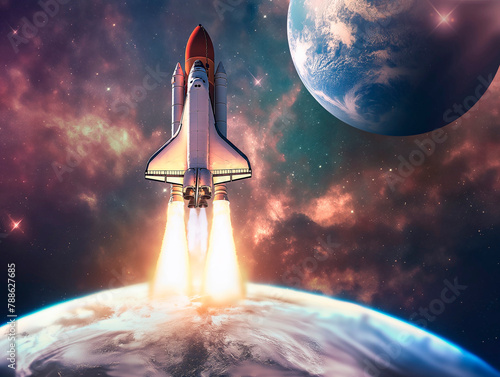 Rocket takes off in the sky. Spaceship begins the mission. Space shuttle taking off on a Planet photo