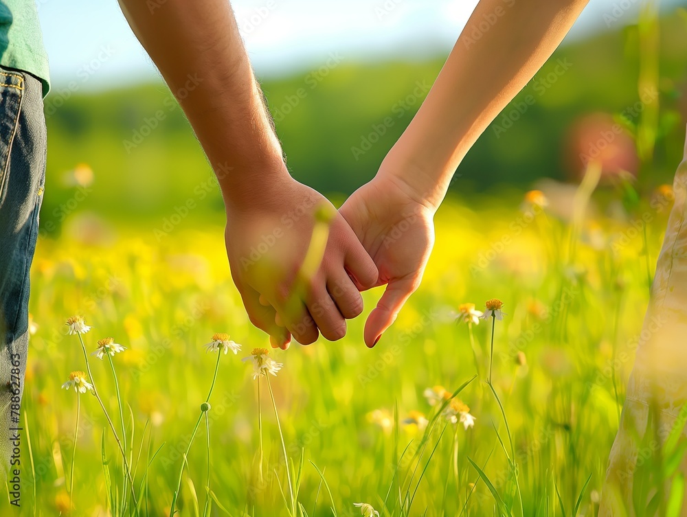 Close up outdoor portrait of couple holding hands in the chamomile field. Love concept Close up outdoor portrait of couple holding hands in the chamomile field. Love concept