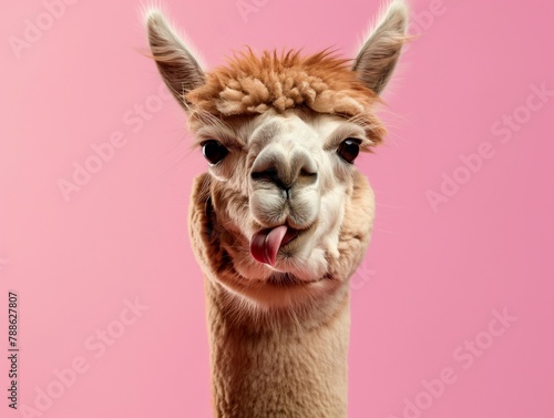Portrait of cute alpaca lama isolated showing tongue