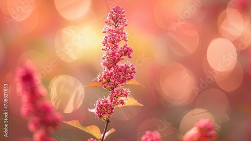 The stunning red spirea flower stands out against the soft blurred background photo