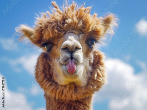Portrait of cute alpaca lama showing tongue