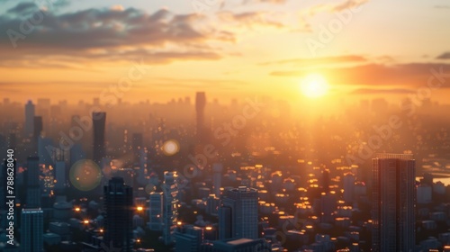 Urban Sunrise Over City Skyline with Golden Light and Flare