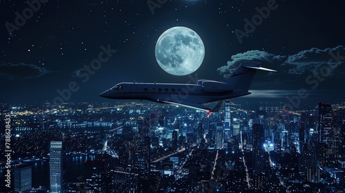 A private jet in the night sky. The full moon. Cityscape. Moonlit wings carry dreams high.