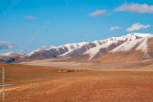 landscape of a wide prairie valley with a mountain range covered with snow
