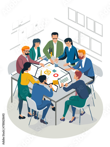 Vector Illustration of a Team of a Diverse Group of Professionals Collaborating Over a Digital Project Management Board, Vector Art