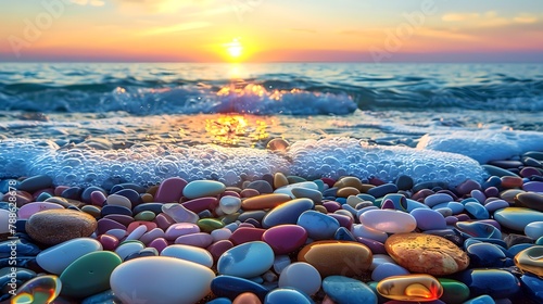 Colorful pebble beach at sunrise, tranquil sea waves, nature's beauty captured in a serene moment. Perfect for relaxation themes and wall art. AI