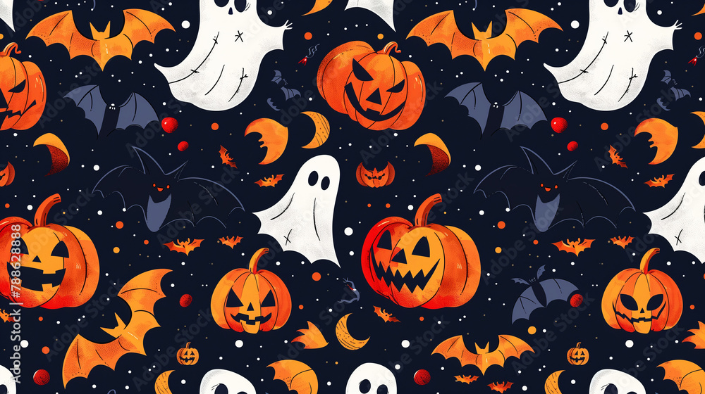 Seamless Halloween pattern with pumpkins, ghosts, and bats, ideal for festive designs. Seamless Halloween pattern with pumpkins, ghosts, and bats, ideal for festive designs.