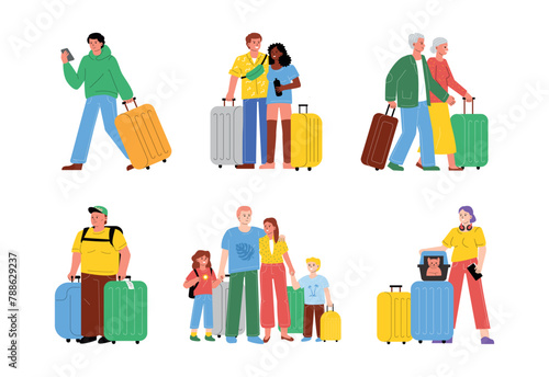 A collection of different people with luggage, tourists waiting for departure and travel. A family, a couple, a single person, a woman with a pet, a pair of pensioners.