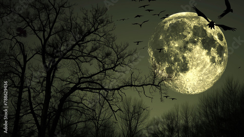 Spooky Full Moon with Flying Birds. Silhouetted trees and birds against a full moon at night.