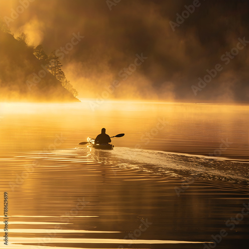Silhouetted Kayaker Gliding Through Misty Waters at Dawn: An Adventure Amidst Scenic Splendor