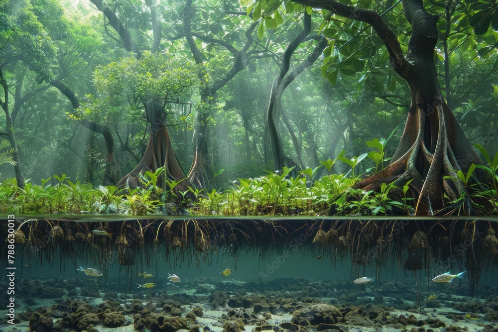 Mangrove forest, root systems, coastal protection, nursery - obrazy, fototapety, plakaty 