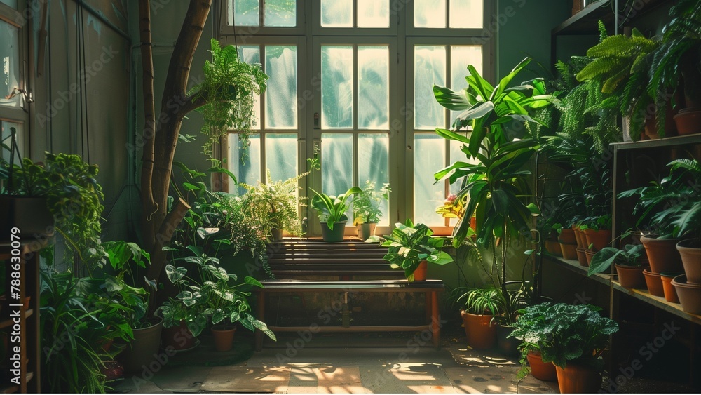 indoor garden, with a bench by the window of a building, surrounded by lush houseplants, flowerpot, a tree reaching towards the ceiling