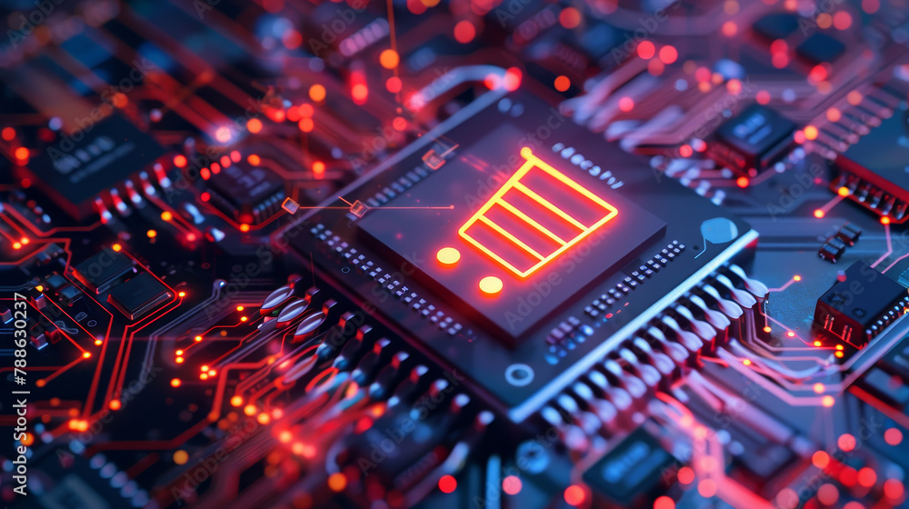A computer chip with a shopping cart on it A computer chip with a shopping cart on it