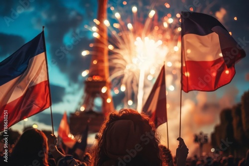 Bastille Day in France, military parade, tricolor flags, Eiffel Tower fireworks photo