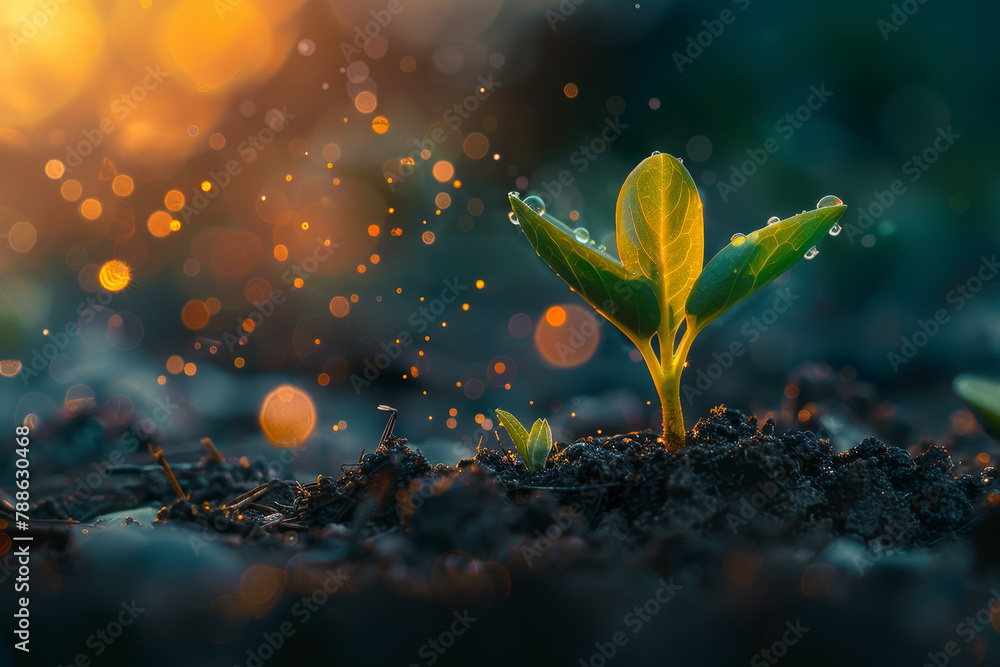 A small plant is growing in the dirt - obrazy, fototapety, plakaty 