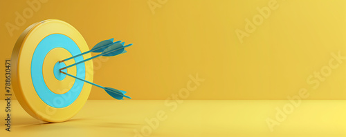 Blue arrow aim center business marketing strategy target celebrating success, 3d yellow render copy space banner.