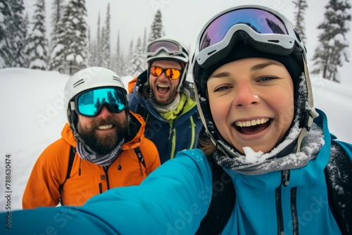 Picturesque Skiing friends selfie. Snow group. Generate Ai
