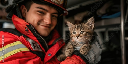 International Firefighters Day, portrait of a male firefighter holding a gray cat, pet rescue, the concept of dangerous and risky professions