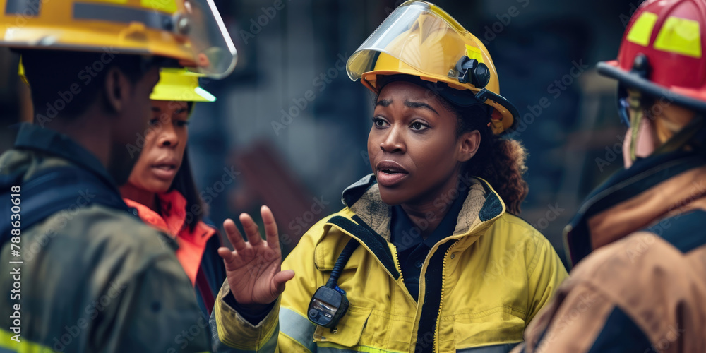 International Firefighters Day, an African-American female firefighter talks with colleagues, the concept of dangerous and risky professions International Firefighters Day, an African-American female firefighter talks with colleagues, the concept of dangerous and risky professions