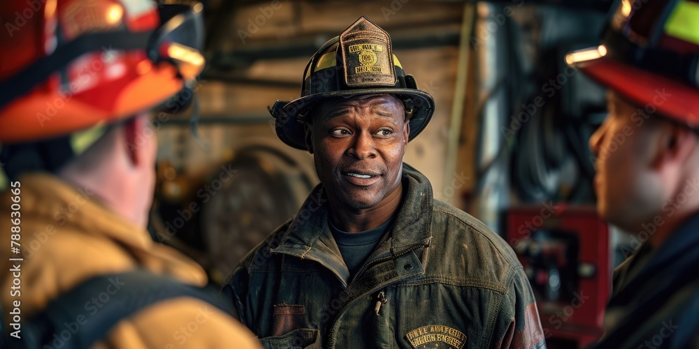 International Firefighters Day, an African American male firefighter talks with colleagues, the concept of dangerous and risky professions International Firefighters Day, an African American male firefighter talks with colleagues, the concept of dangerous and risky professions