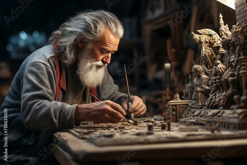 Creative Skilled craftsman working with wood. Wood work occupation male carpentry. Generate Ai