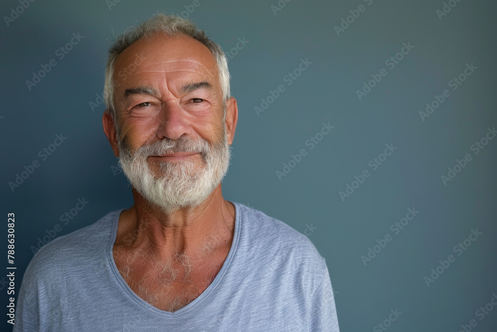 A man with a beard is smiling and wearing a blue shirt A man with a beard is smiling and wearing a blue shirt